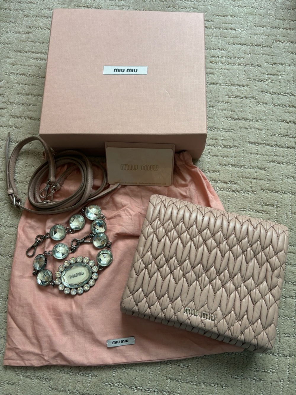 AUTHENTIC Miu Miu Pink Quilted Matelassé 3-ways Bag with Crystal Chain